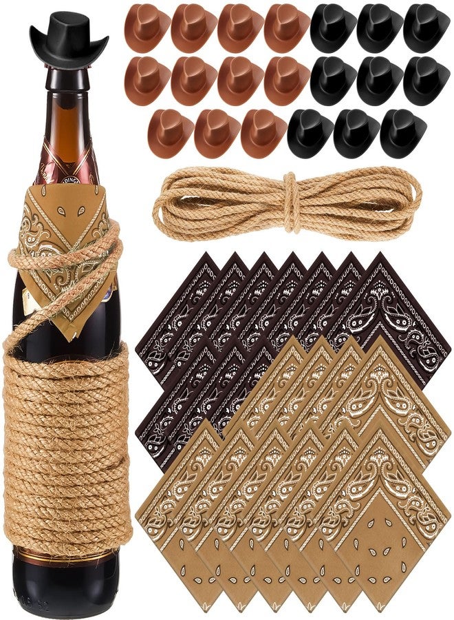 Leitee 20 Sets Mini Cowboy Hats for Crafts Plastic Tiny Cowgirl Hat with Bandannas for Western Cowboy Party Decoration(Brown, Black) - Image 1